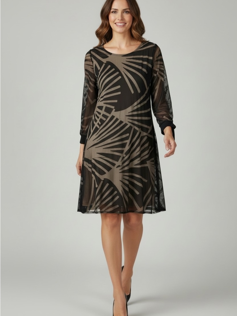 Sheer Black Overlay Long-Sleeve A-Line Dress with Taupe Palm Print